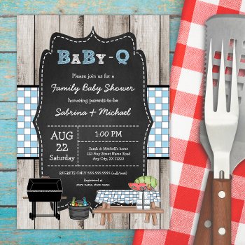 Boy Rustic Wood Family Baby Q Shower  Invitation by lemontreecards at Zazzle