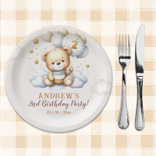 Boy’s 2nd Birthday with Teddy and Clouds Paper Plates
