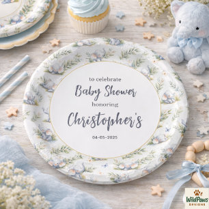 Boy’s Elephant Watercolor Baby Shower –Blue Safari Paper Plates