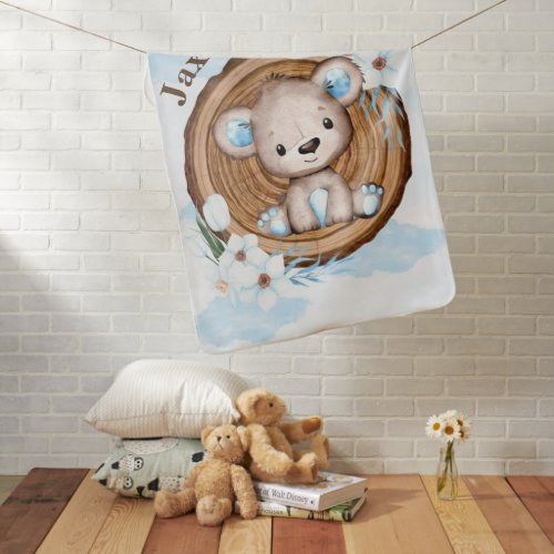 Boys Watercolor Teddy Bear Monogram  Baby Blanket
