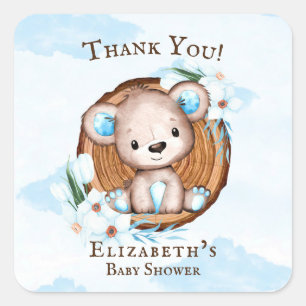 Boy’s Watercolor Teddy Bear Thank You Baby Shower Square Sticker