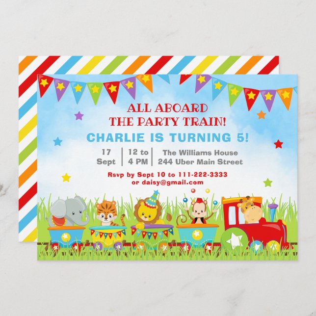 Boy Safari Animals Birthday Party Train Invitation (Front/Back)