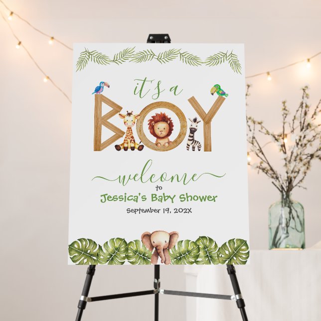 Boy Safari Animals Cute Jungle Baby Shower Welcome Foam Board (In Situ (Stand))