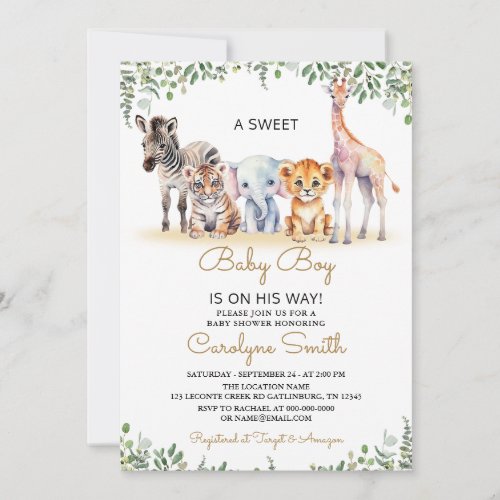 Boy Safari Animals Greenery Jungle Baby Shower Invitation