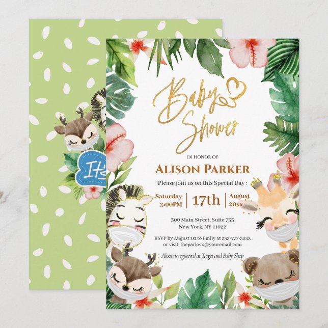 Boy Safari Animals Jungle Greenery Baby Boy Shower Invitation (Front/Back)