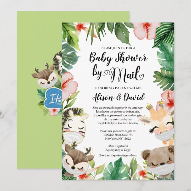Boy Safari Animals Jungle Greenery Shower by Mail Invitation (Front/Back)