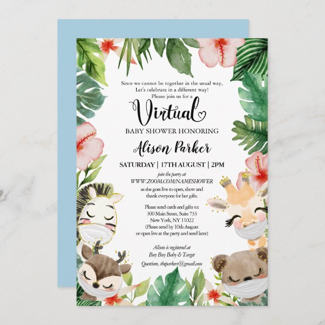 Boy Safari Animals Jungle Greenery Virtual Shower Invitation (Front/Back)