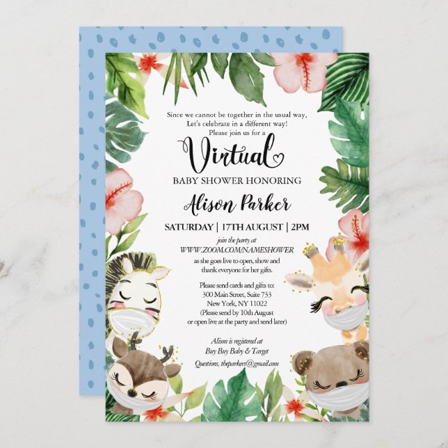 Boy Safari Animals Jungle Greenery Virtual Shower  Invitation (Front/Back)