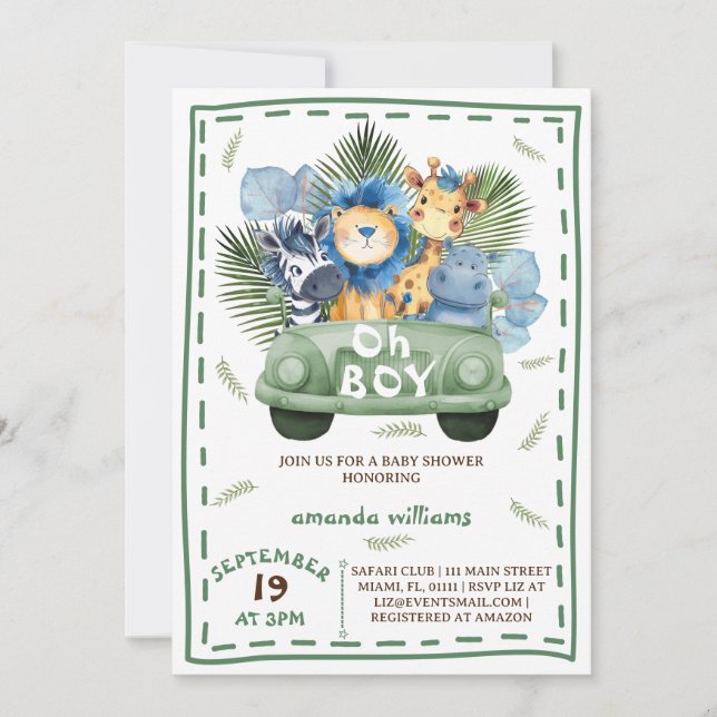  Boy Safari Car baby shower Invitation (Front)