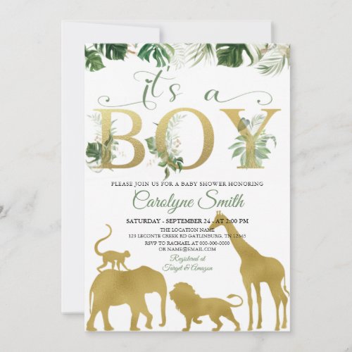 Boy Safari Jungle Animals Gold Baby Shower Invitation