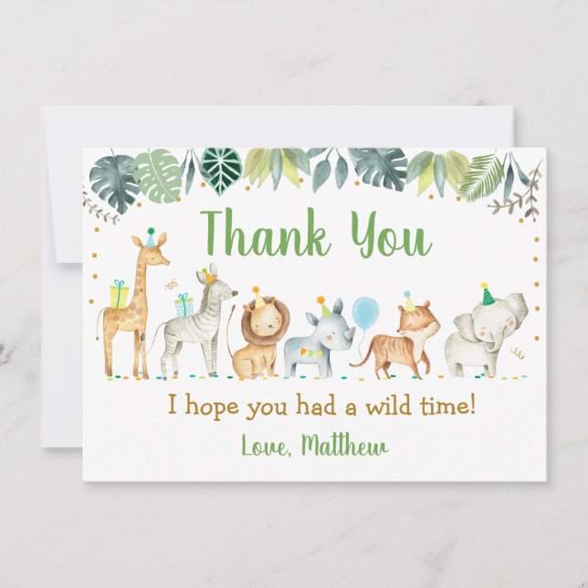 Boy Safari Party Animal Birthday Thank You (Front)