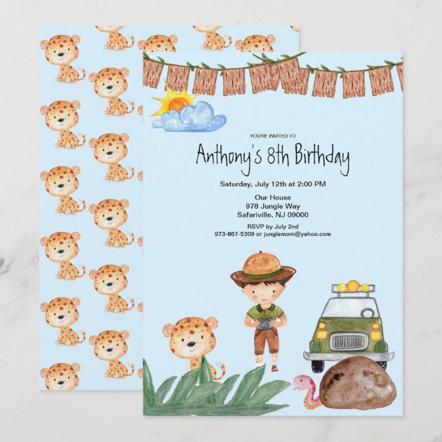 Boy Safari With Jeep In Jungle Birthday Invitation (Front/Back)