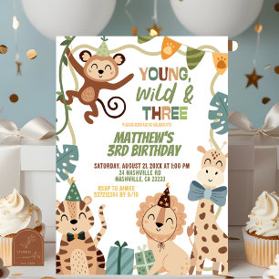 Boy Safari Young Wild and Three Birthday party ani Invitation