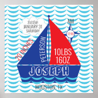 Boy Sailboat Birth Announcement-Nautical Stat Poster