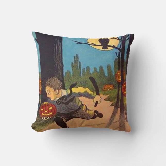 Boy Scared By Jack O' Lanterns Throw Pillow (Front)