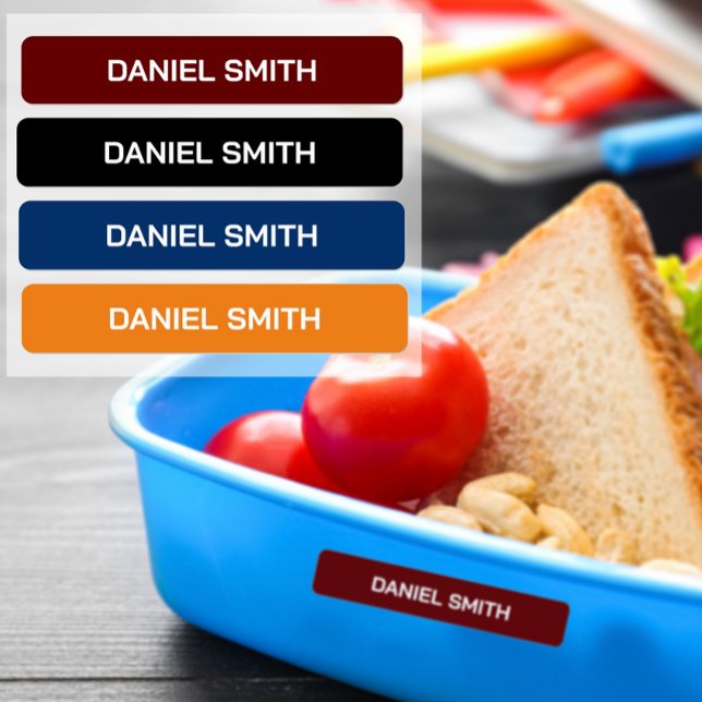 Boy School Daycare Name Labels (Boys name tag in red, black, blue and orange.)