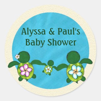 Boy Sea Turtle Baby Shower (honu) 02b Blank #02 Classic Round Sticker by MonkeyHutDesigns at Zazzle