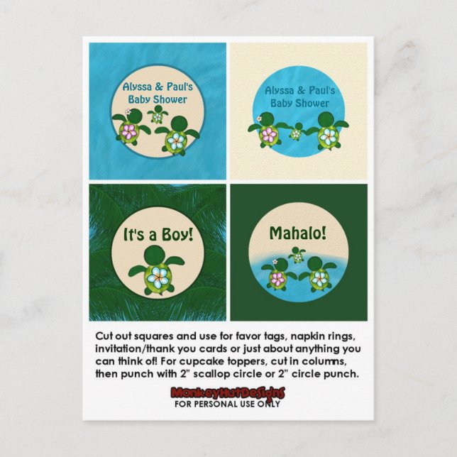 BOY Sea TURTLE Baby Shower Honu Cupcake Topper 02B Invitation Postcard (Front)