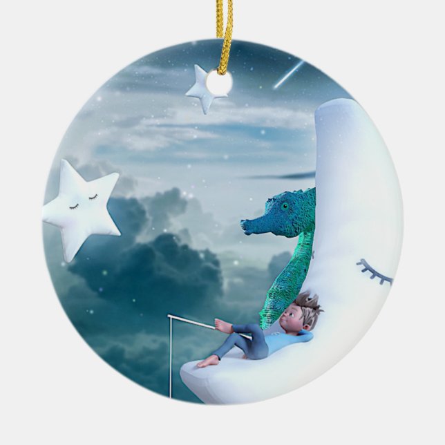 Boy & Seahorse Fishing on the Moon Ceramic Ornament (Front)