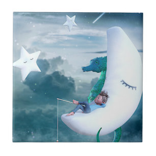 Boy & Seahorse Fishing on the Moon Ceramic Tile