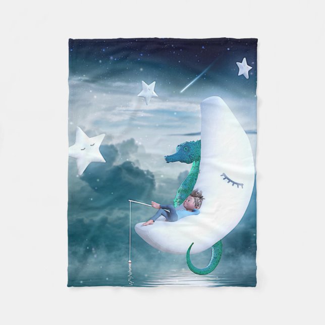 Boy & Seahorse Fishing on the Moon Fleece Blanket (Front)