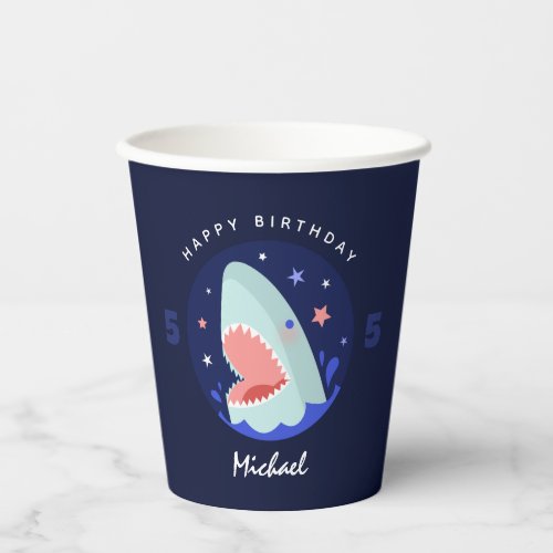 Boy Shark Funny Nautical Navy Blue 5th Birthday   Paper Cups