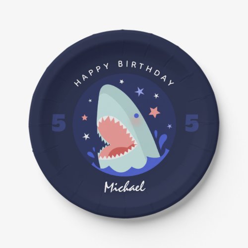 Boy Shark Funny Nautical Navy Blue 5th Birthday  Paper Plates