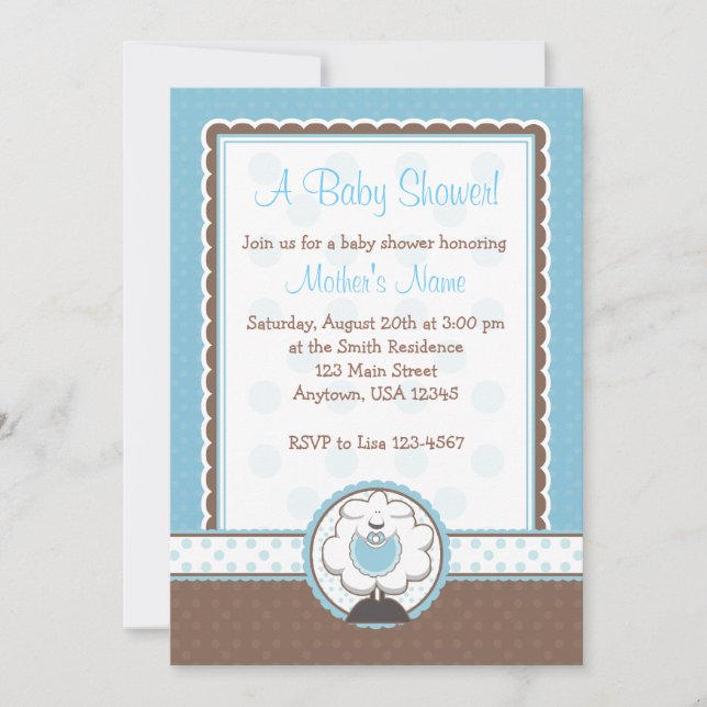 Boy Sheep Blue & Brown Baby Shower Invitations (Front)