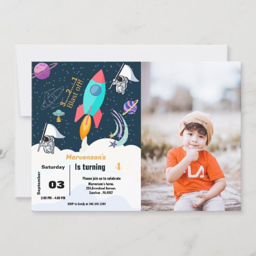 Boy ship outer space planet birthday party invitation