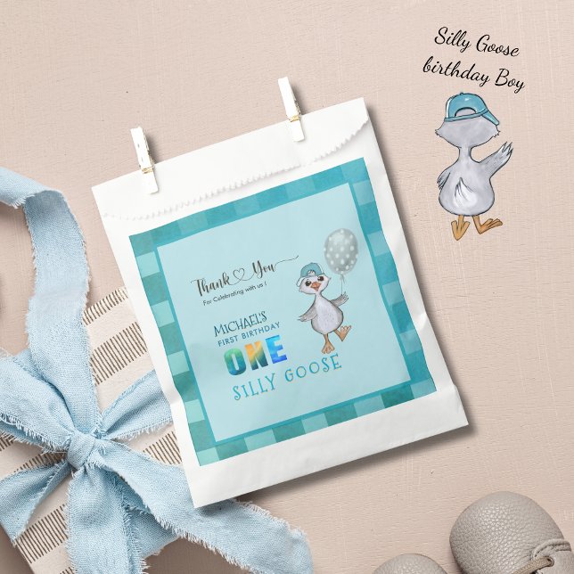 Boy Silly Goose 1st Birthday Blue Plaid  Favor Bag (Boy Silly Goose 1st Birthday Blue Plaid Favor Bag)