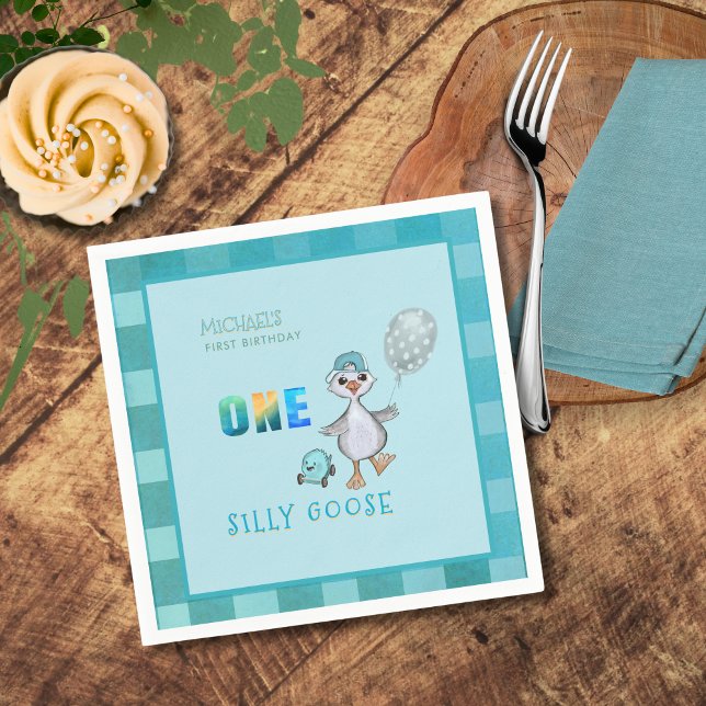 Boy Silly Goose 1st Birthday Blue Plaid  Napkins (Boy Silly Goose 1st Birthday Blue Plaid Napkins)