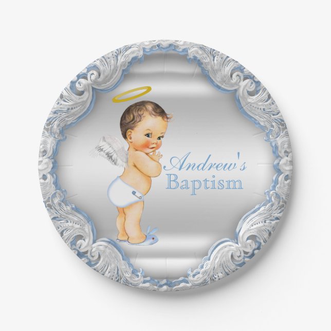 Boy Silver Blue Angel Baptism Paper Plates (Front)