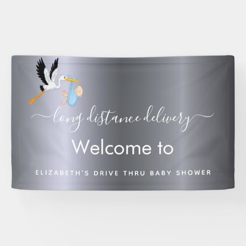 Boy silver cute stork drive thru baby shower banner