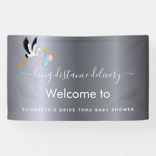 Boy silver cute stork drive thru baby shower banner Zazzle