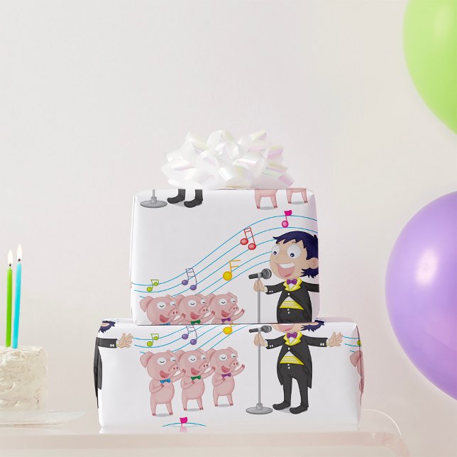 Boy Singing with Three Pigs Choir Wrapping Paper (Creator Uploaded)
