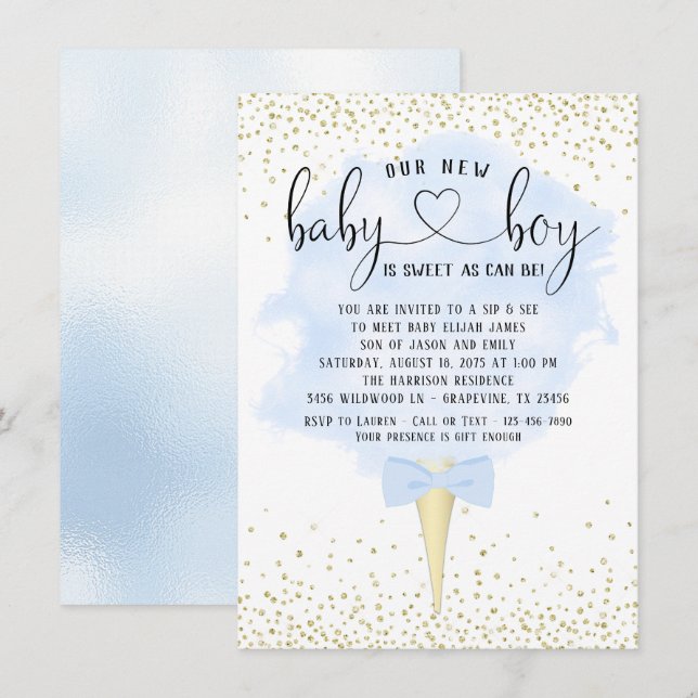 Boy Sip and See Blue Gold Cotton Candy Baby Shower Invitation (Front/Back)