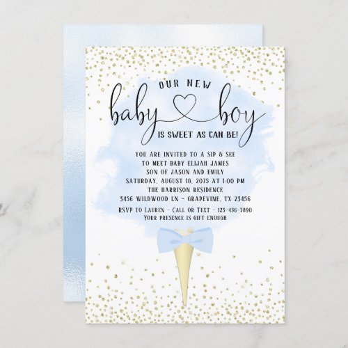 Boy Sip and See Blue Gold Cotton Candy Baby Shower Invitation