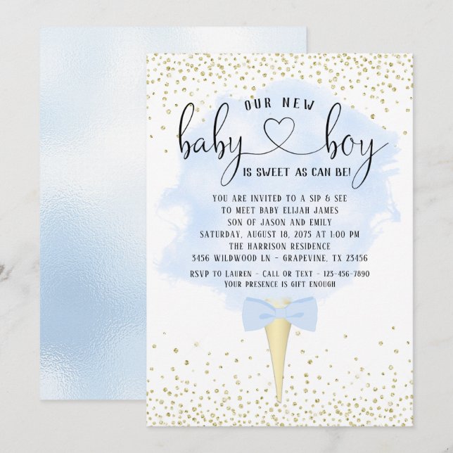 Boy Sip and See Cotton Candy Baby Shower Invitation (Front/Back)