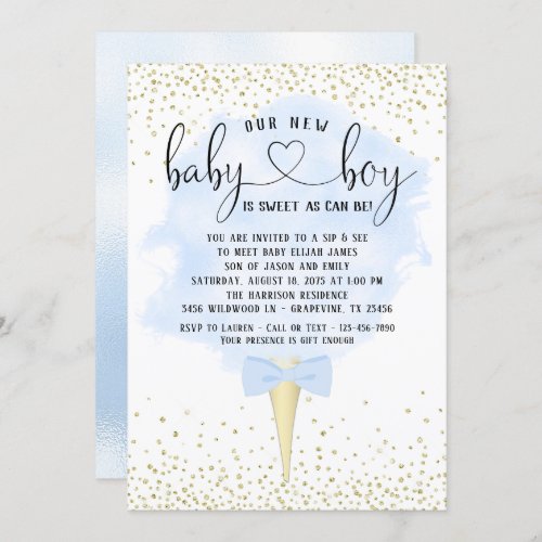 Boy Sip and See Cotton Candy Baby Shower Invitation