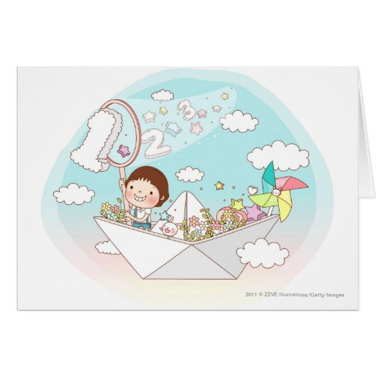 Boy sitting in paper boat cards (Front Horizontal)