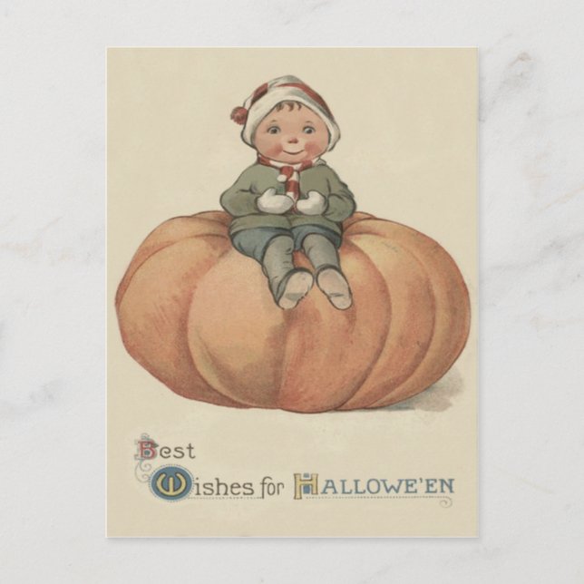 Boy Sitting On Giant Pumpkin Postcard (Front)