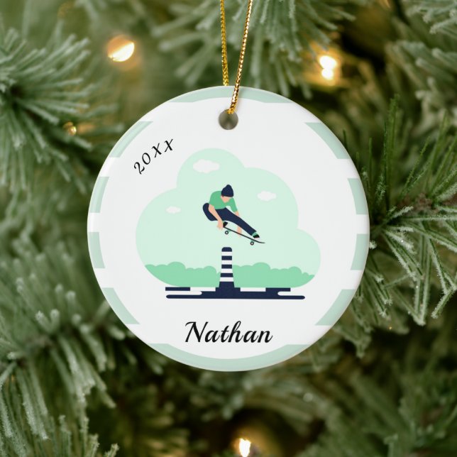 Boy Skateboarding Skater Name & Year Trendy Green  Ceramic Ornament (Tree)