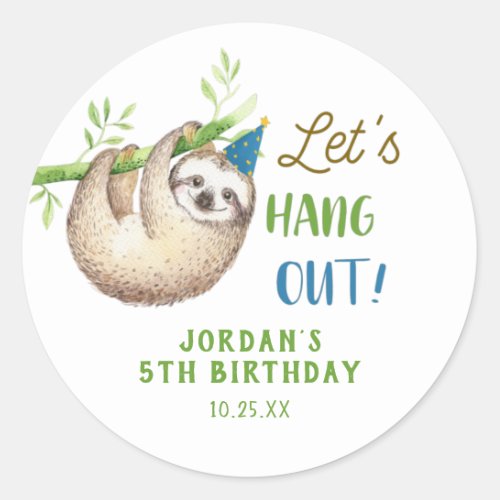 Boy Sloth Themed Birthday Party Favors Classic Round Sticker