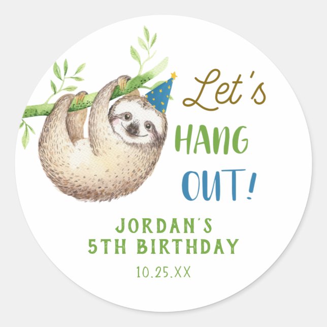 Boy Sloth Themed Birthday Party Favors Classic Round Sticker (Front)