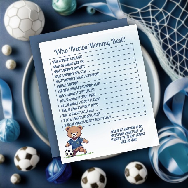 Boy Soccer Baby Shower Who Knows Mommy Best Game (Cute Blue Teddy Bear Soccer Player Boy Baby Shower "Who Knows Mommy Best?" Game Card)