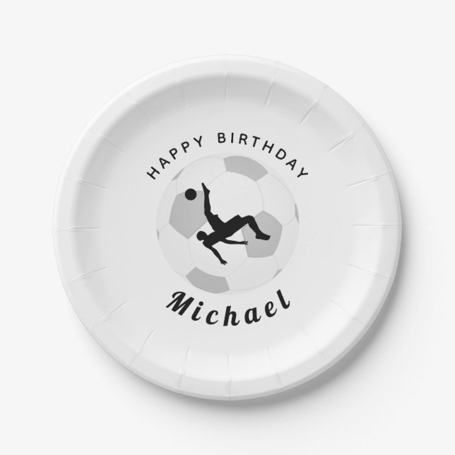 Boy Soccer Player Birthday Party Black & White  Paper Plates (Front)