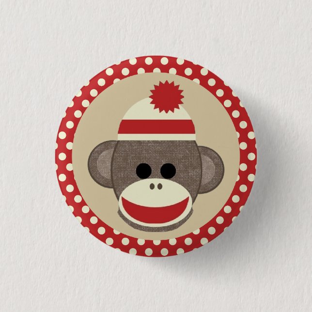 Boy Sock Monkey round pin button (Front)