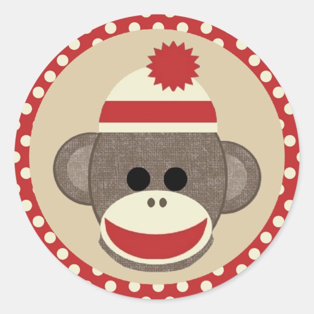 Boy Sock monkey round sticker (Front)
