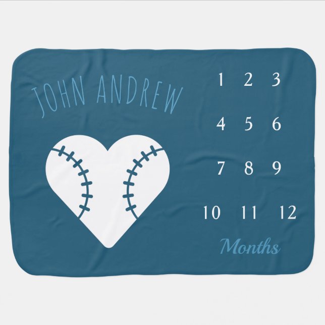 Boy Softball Baseball Ball Heart Sport Milestone Baby Blanket (Horizontal)