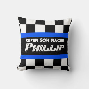 Boy son racer blue chequered flag name pillow